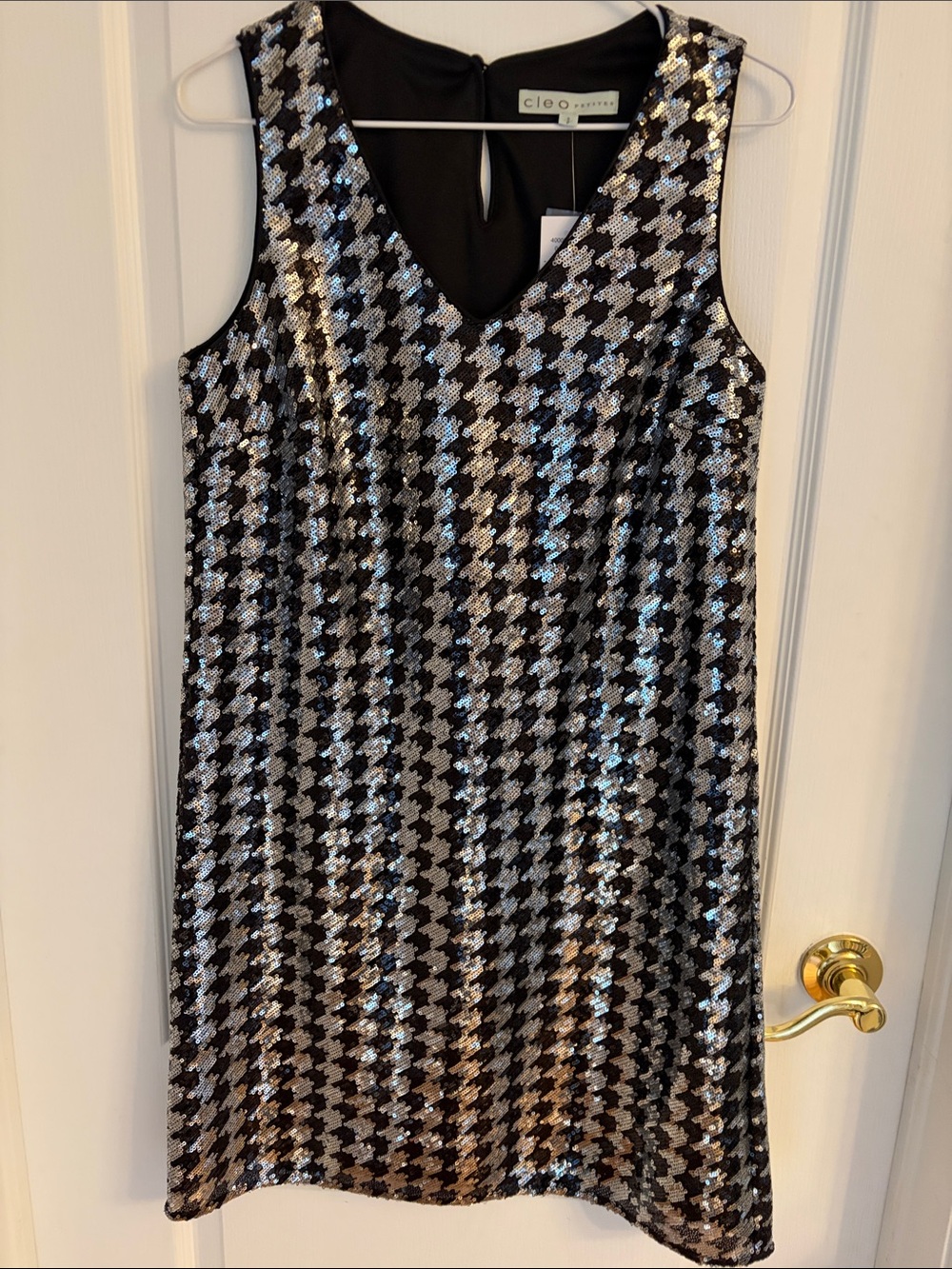 cleo Black & Silver Sequin Houndstooth V‑Neck Midi Dress